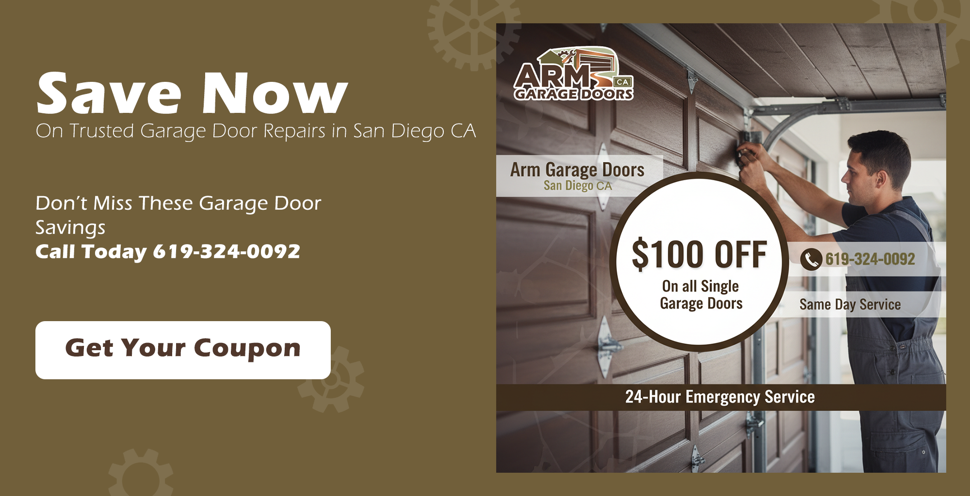 Garage door service discount coupon for repairs and installations in San Diego CA